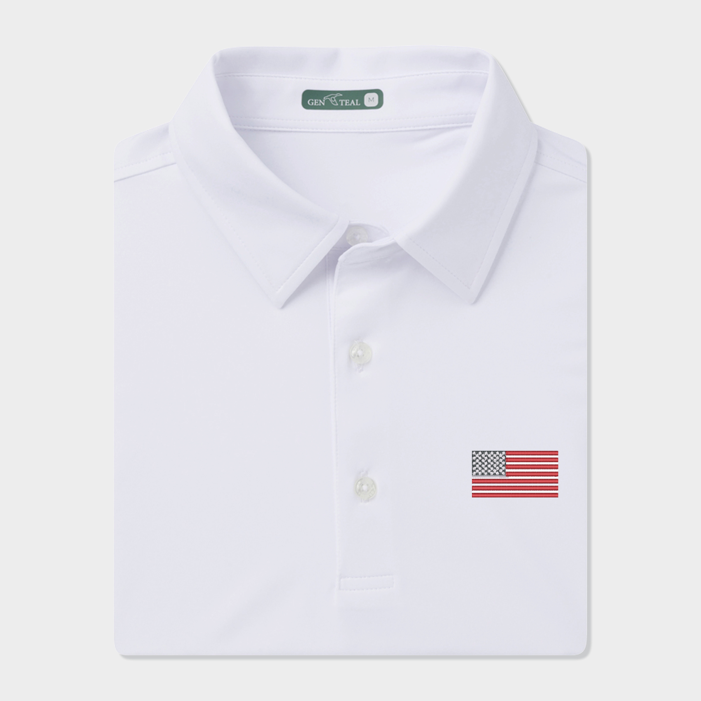 White dress shirt with American flag embroidery on a light gray background