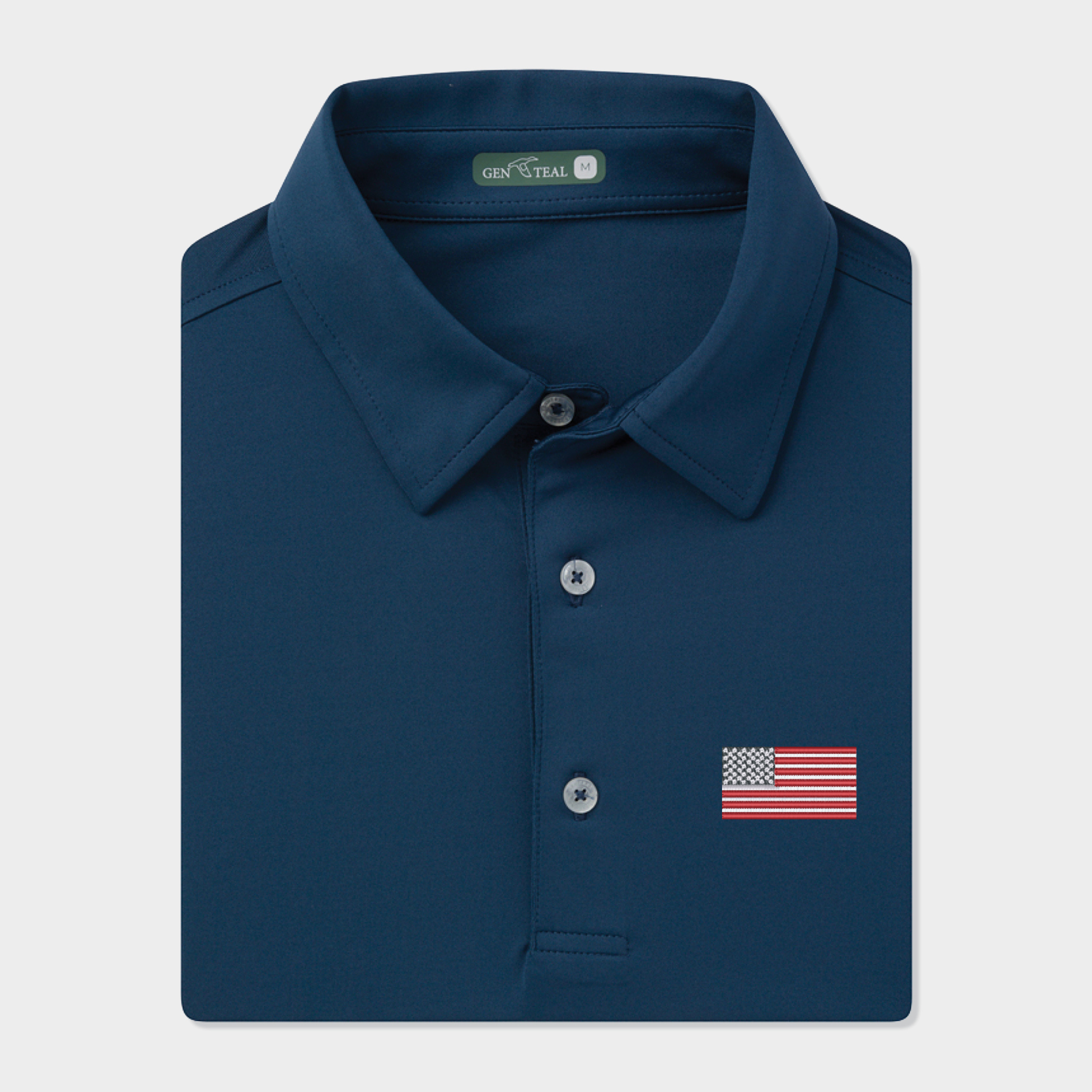 Navy blue polo shirt with American flag patch on a light gray background