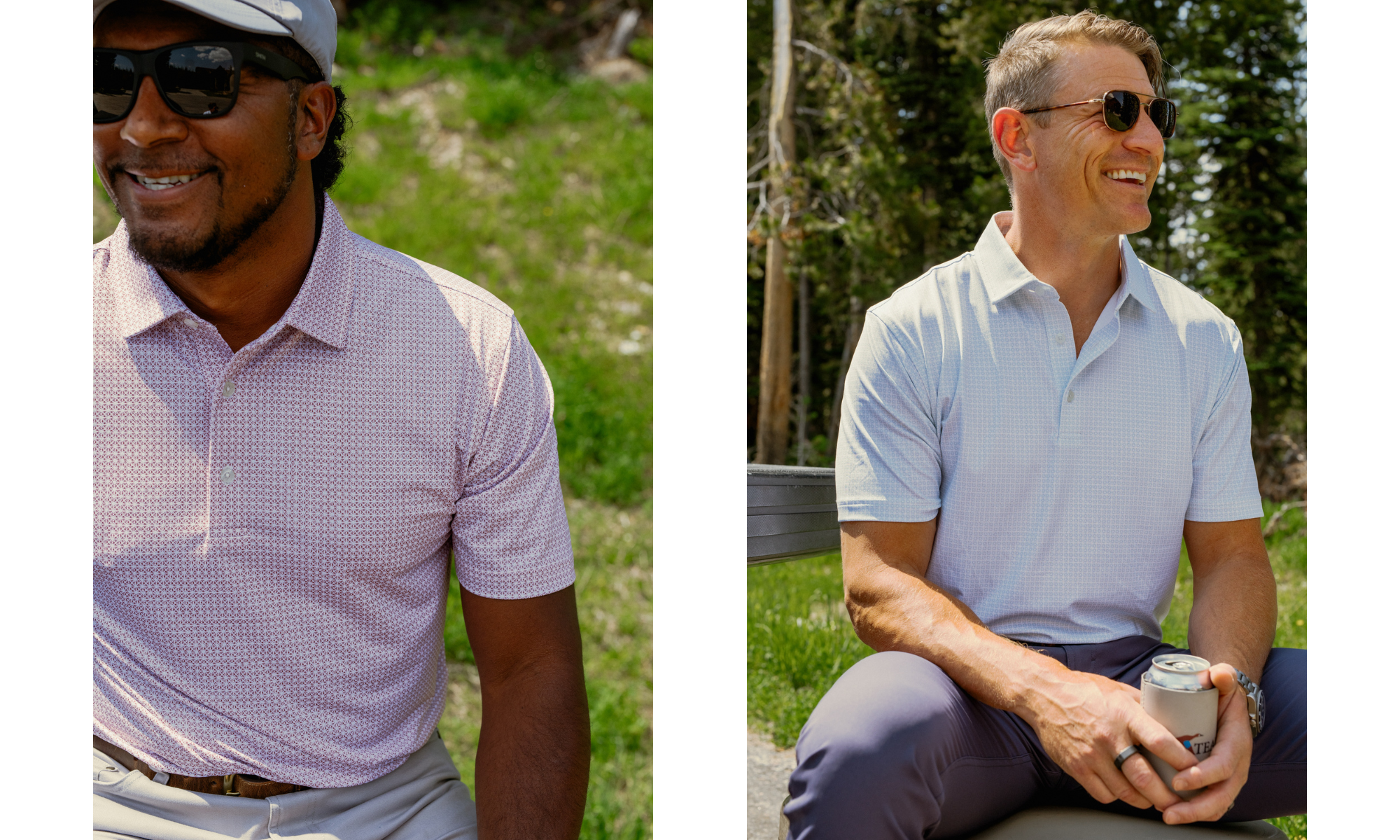 Collage of 2 men sitting outside in GenTeal mens clothing