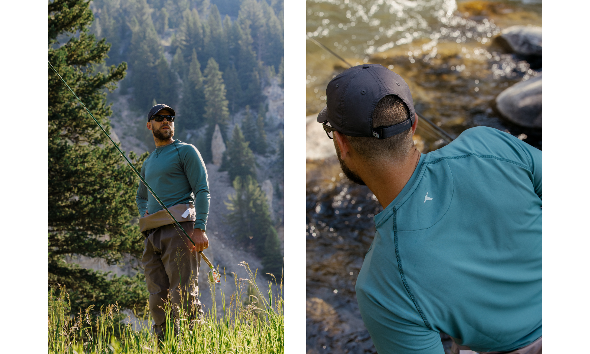 Collage of a man going fly fishing in GenTeal mens clothing
