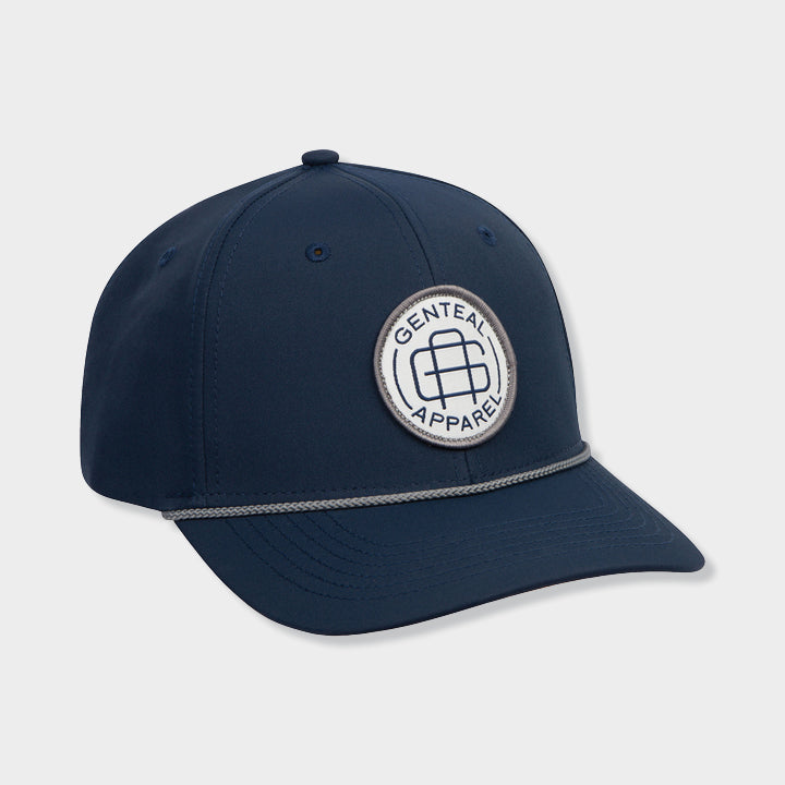 Hat with rope detailing. 100% Polyester. Classic 6-panel design. Snap back closure Sewn in eyelets