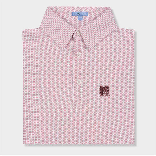 Red and white polo with baseball designs by Genteal
